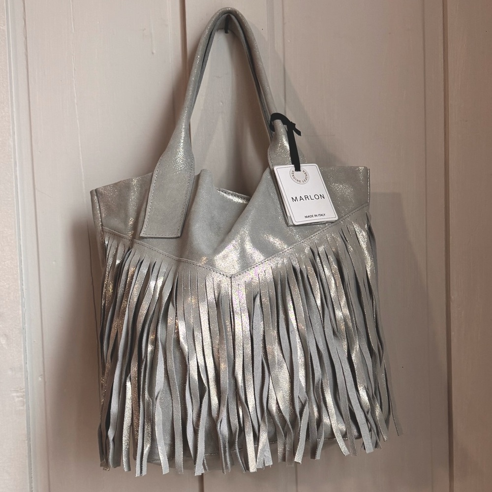 Metallic Silver 100% Leather Fringed Shoulder Bag, Italy